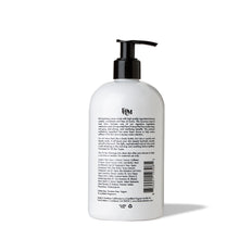 Load image into Gallery viewer, Backside of 16oz black and white hand lotion / body lotion by FORK &amp; MELON