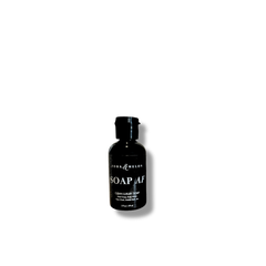 Clean luxury travel-size SOAP AF bottle by FORK & MELON — black 2oz mini soap for hands, body, face, and bath.