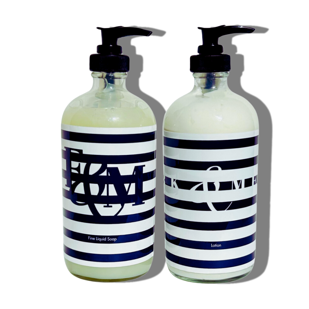 FORK & MELON soap and lotion set with dark navy and white stripe design