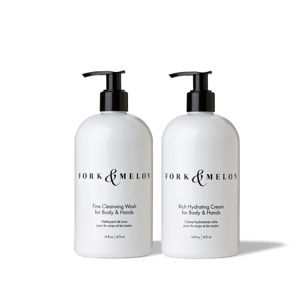 Set of black & white 16oz hand/body wash and cream by FORK & MELON