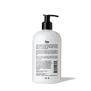 Backside of 16oz bottle of black and white hand soap and body wash by FORK & MELON