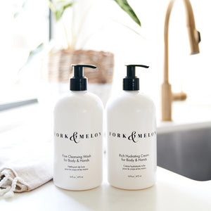luxury organic hand wash and lotion by the sink